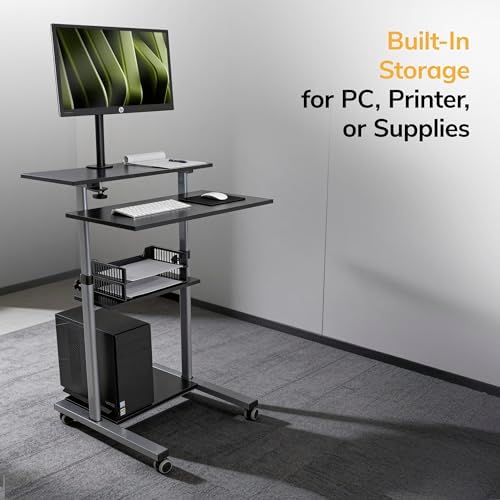 Mount-It! Mobile Computer Cart with Monitor Mount for Screen up to 32", Portable Desk on Wheels, Rolling Laptop Stand Teachers, Office, Classroom, Rise up to 53", Projector, Podium, Keyboard Tray