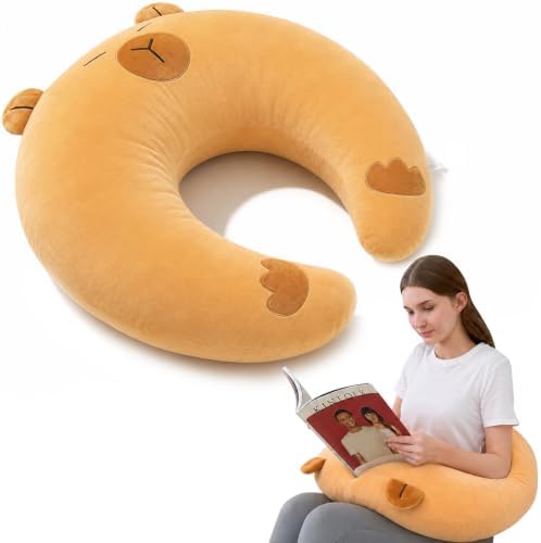 Cute Brown Gaming Pillow for Lap - Plush Reading & Crocheting Pillow for Sitting in Bed, Soft Arm Support Cushion for Tablet/iPad Accessories, Kawaii Room Decor Gift Gamers & Capybara Lovers