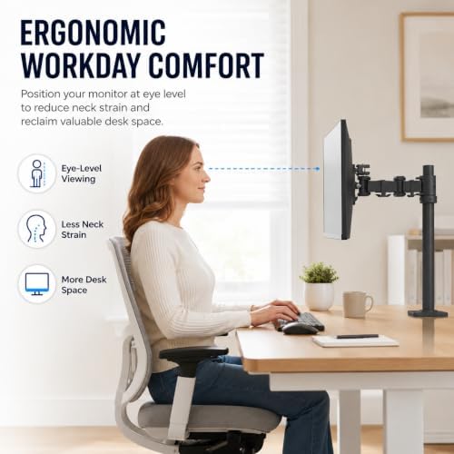 Single Monitor Desk Mount, Adjustable Pole, 17-27 Inch, VESA 75/100