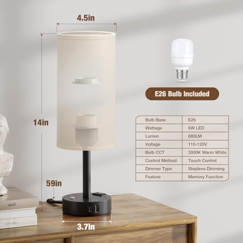 Beige Touch Bedside Lamp for Bedroom, Stepless Dimmable, USB A+C, AC Outlet