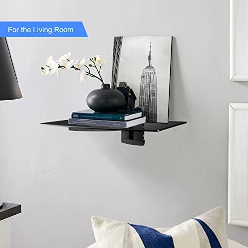 suptek Glass Floating Shelf, 1 Tier Media Shelf for TV Accessories, Flat Black Wall Mount Bracket, 17.6lbs Weight Capacity, Quick Installation, Cable Management, Custom Style, Backless
