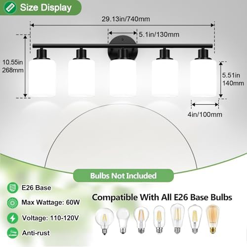 5-Light Bathroom Light Fixtures, Black Modern Vanity Lights with Milky White Frosted Glass Shades, Bathroom Wall Lamp, Clear Glass Shade, for Mirror, Living Room, Kitchen, Hallway, Cabinet, Porch