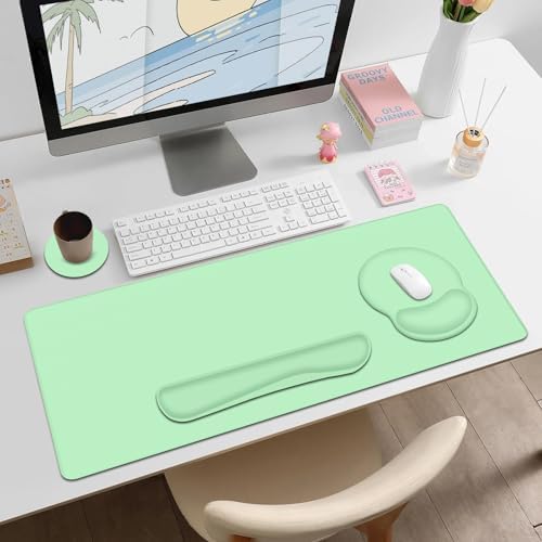 4 PCS Mouse Pad Desk Mat Protector, Keyboard Wrist Rest + Comfortable Mouse Pad with Wrist Rest +Coaster, Large Gaming Mousepad for Computer Laptop, 35.4"X 15.7" Deskpad for Office Home I Light Green