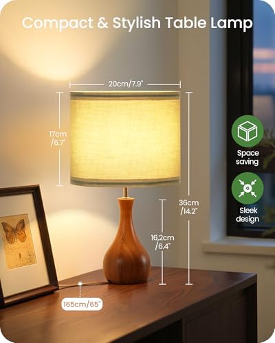 Green Table Lamp, 14.2" Small Bedside Lamp, Wood Table Lamp with Green Linen Lampshade & Dark Wood Base, Modern Nightstand Lamp for Bedroom, E26 Base, Bulb Not Included, LJ09TL05