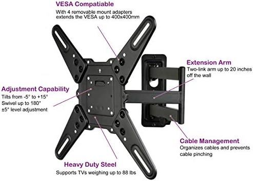 VideoSecu ML531BE2 TV Wall Mount kit with Free Magnetic Stud Finder and HDMI Cable for Most 26-55 TV and New LED UHD TV up to 60 inch 400x400 Full Motion with 20 inch Articulating Arm WT8