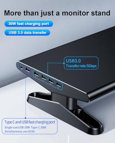 Computer Monitor Stand Riser for Desk with Usb Hub Charging,30W/5Gbps Usb C Docking Station with Power,4.4-5.7''Freely Height Adjustable with Phone Stand,Monitor Stands Riser for PC,Laptop,Printer,TV
