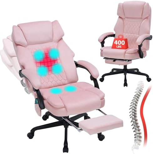 Massage Office Chair with Foot Rest 6 Points Vibration and Heat Home Office Desk Chairs for Heavy People 400lbs Reclining Managerial Chairs Ergonomic Executive Chair (Pink)