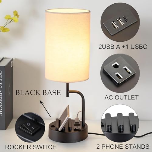 Dreamholder Table Lamp with 3 USB Charging Ports, Modern Desk Lamp with AC Outlet and Phone Stands, Perfect Bedside Lamp for Bedroom, Living Room, Office (Pack of 2), Cream