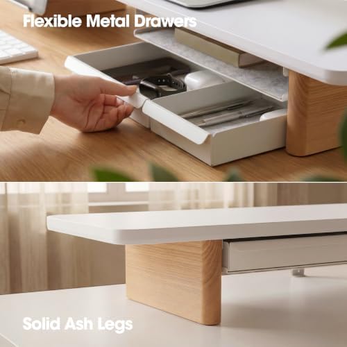 Fenge Modular Dual Monitor Stand Riser with Solid Ash Wood Leg, 42.5" White