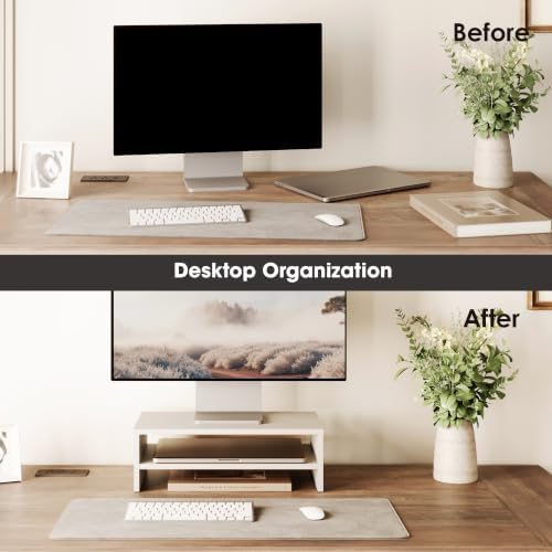 FITUEYES Wooden Monitor Stand Riser, 2-Tier Desk Storage Shelf, White