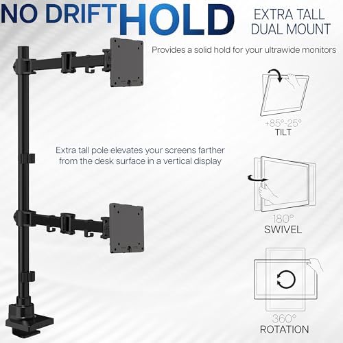 VIVO Dual Ultra-Wide Monitor Extra Tall Desk Mount for up to 49 inch Ultrawides, Clamp-on Adjustable Stand Holds 44 lbs per Screen, VESA up to 100x100mm, Black, STAND-V120T