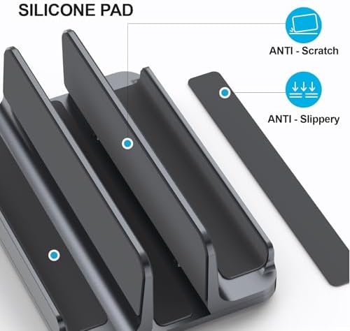 YICOSUN 3-Slot Aluminum Vertical Laptop Stand for Desk - Adjustable Width Dock for MacBook, Surface, Samsung, HP, Dell up to 17.3 inches - Space-Saving & Protective Design - Gray