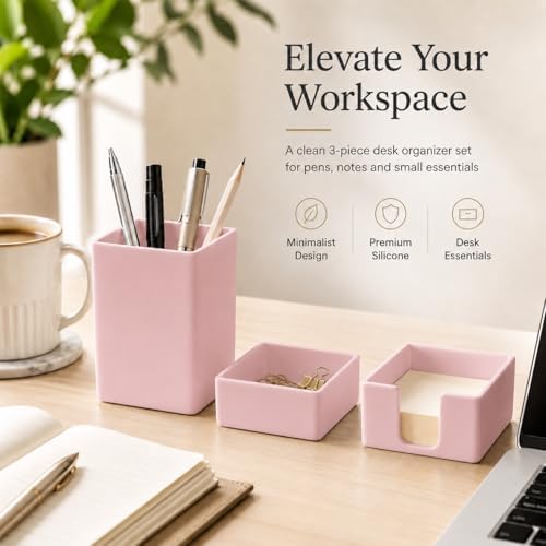 minimaliving Aesthetic Silicone Desk Organizer Set of 3,Modern Office Desk Accessories with Pen Holder,Paperclip Tray,Sticky Note Holder,Stylish Functional Office Desk Decor for Back-to-school(Pink)
