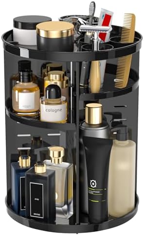 Rotating Makeup Organizer, DIY 8 Adjustable Layers Spinning Skincare Storage, Cosmetic Display Case with Brush Holder and Perfume Tray, Multi-Function Vanity Bathroom Countertop Organizer Black