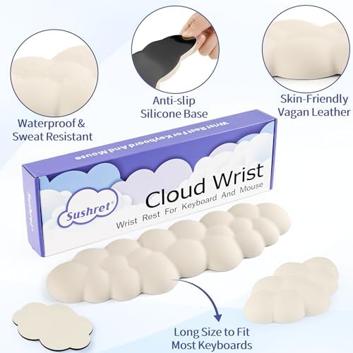 Sushret Cloud Wrist Rest Keyboard, Cloud Keyboard Wrist Pad Set with PU Leather Memory Foam, Cute Arm Rest for Palm Support, PC/Gaming Desk Accessories/Office Setup/Computer Hand Cushion - Beige