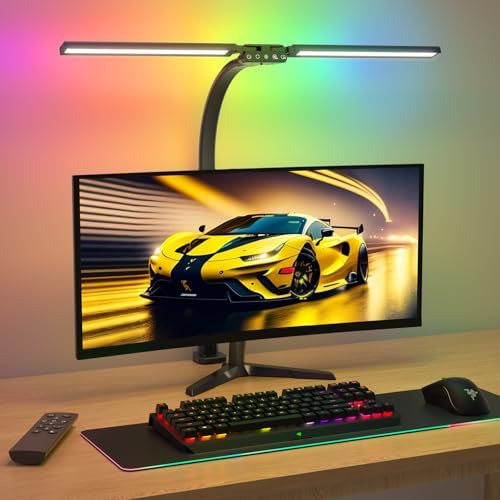 SIBRILLE Upgraded LED Desk Lamp for Home Office with RGB, Rotatable Computer Desk Light with Remote, Tall Table Lamp with Clamp for Working, Dimmable Dual Head Task Lighting for Monitor PC, 22W