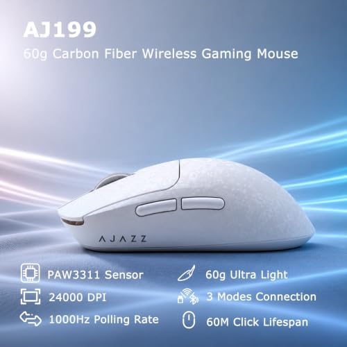 AJ199 Gaming Mouse, 60g Carbon Fiber Shell, Tri-Mode 2.4G/Bluetooth/USB-C