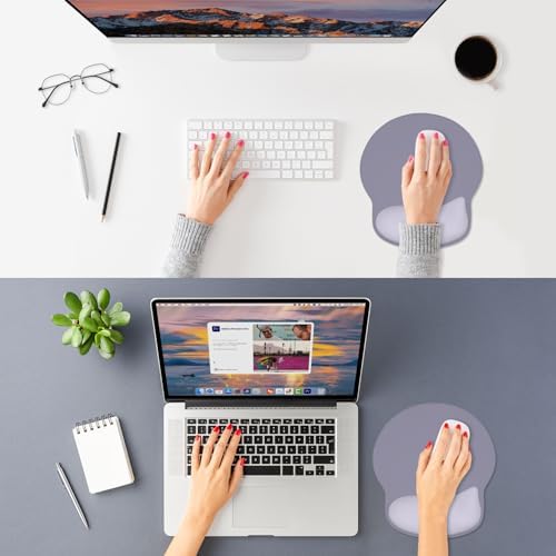 ITNRSIIET Ergonomic Mouse Pad with Wider Memory Foam Wrist Rest +17%, Curved Cushion Reduces Pressure 20%, Pain Relief, Non-Slip, Smooth, Cute Color Desk Accessory, 9.85 x 9 inch, Mist Gray