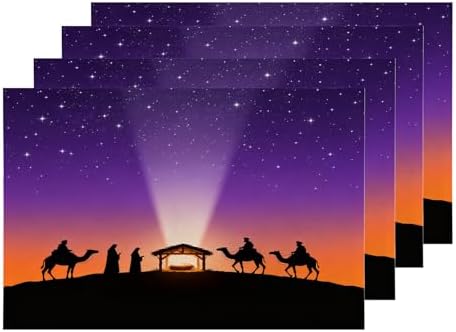 Shrahala Red Christian Christian Set Of 4 12 X 18 Inch Linen Placemats , Abstract Christmas Burlap Table Mat Washable Double Layered Heat Insulation For Indoor/Outdoor