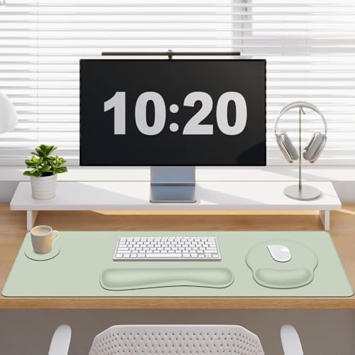4 PCS Mouse Pad Desk Mat Protector, Keyboard Wrist Rest + Comfortable Mouse Pad with Wrist Rest +Coaster, Large Gaming Mousepad for Computer Laptop, 35.4"X 15.7" Deskpad for Office Home I Bean Green