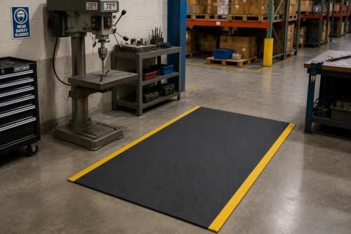 Guardian 24040601BY Soft Step Anti-Fatigue Floor Mat, Vinyl, 4'x 6', Black with Yellow Stripe