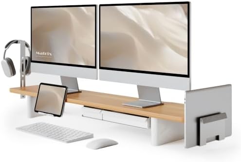Fenge Modular Dual Monitor Stand Riser with Solid Ash Wood Leg, 42.5" Oak