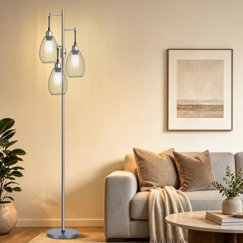 Nintiue Dimmable Floor Lamp, 3 x 800LM LED Edison Bulbs Included, Industrial Floor Lamp Standing Tree Lamp with Elegant Teardrop Cage Heads Tall Lamps for Living Room Bedroom-Grey