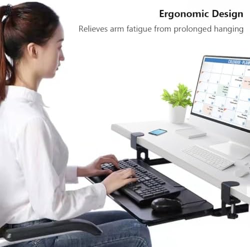 Keyboard Tray Under Desk Pull Out with Extra Sturdy C Clamp Mount System, 780mm*650mm, Height Adjustable 1-8CM, Computer Keyboard & Mouse Tray Slide-Out Platform Computer Drawer