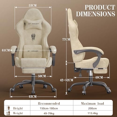 Soontrans Beige Velvet Gaming Chair with Embroidery Design