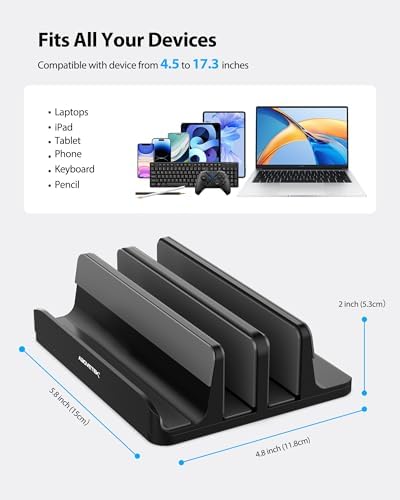 AboveTEK Vertical Laptop Stand Holder, 3 Slots Aluminum Desk Stand with Adjustable Dock Size for Tablet, MacBook, Phone - Universal Fit (up to 17.3") - Heavy Duty Polished, Anti Slide - Black