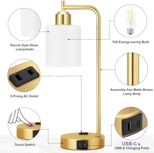 Innqoo Industrial Gold Table Lamps for Bedrooms Set of 2-3-Way Dimmable Desk Lamp with USB C+A Ports and Outlet, Gold Lamps with Opal Glass Shade for Living Room, Desk Lamps for Home Office