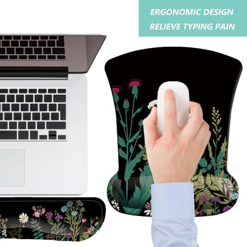 Keyboard Wrist Rest Pad Mouse Pad with Wrist Support Set of 3, Gaming Mousepad with Non-Slip Rubber Base, Ergonomic Memory Foam Mouse Cushion Support for Home Office Laptop Computer, Flowers Grass
