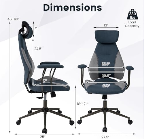 GIANTEX Ergonomic Office Chair, Mid Century Modern Fabric Computer Desk Chair with 2D Headrest, Rocking Backrest & Wheels, Vintage High Back Rolling Chair for Executive, Gray
