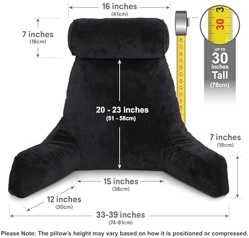 Husband Pillow XXL The Original for Adults - 30" Tall Backrest for Sitting Up in Bed - Firm Support Reading & Bed Rest Pillows for Adults, Neck Roll, Removable Cover - TV - Black