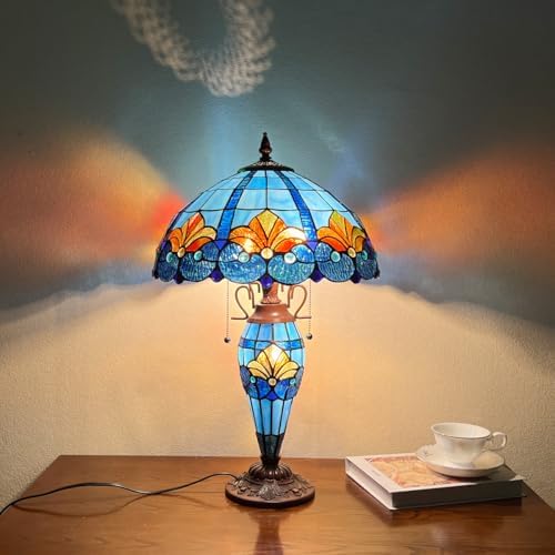 Tiffany Lamp 3-Lights Blue Stained Glass Table Lamp for Living Room