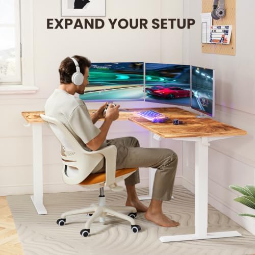 ErGear 63″ L Shaped Standing Desk Electric Adjustable Height, Light Vintage