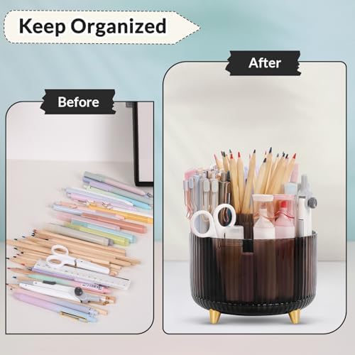 SKYDUE Rotating Pencil Pen Holder, Pen Organizer with 5 Slots - Aesthetic Desk Organizer and Accessories for School, Home, Office Supplies, Clear Black