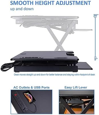 Rocelco 46" Height Adjustable Standing Desk Converter with AC USB Charger and Anti Fatigue Floor Mat - Sit Stand Up Triple Screen Riser Workstation - Keyboard Tray - Black (R DADRB-46-ACUSB-MAFM)