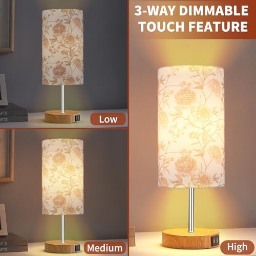 Lolikit Bedside Touch Lamp, Wood Small Table lamp with 2 USB Charging Ports & Flower Fabric Shade, 3-Way Dimmable Nightstand Lamps for Living Room Bedroom Office Reading Desk Home Dorm Pink