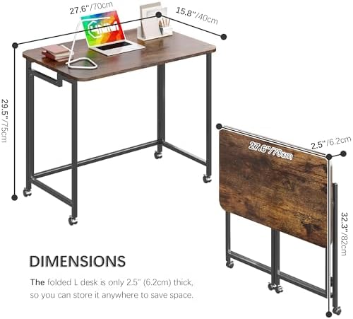 4NM 27.5" Mobile Small Rolling Computer Desk, Folding Laptop Cart Table with Wheels, Portable Office Desk for Small Space Couch Bed - Rustic Brown and Black