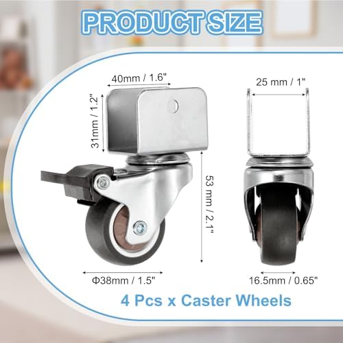 PATIKIL 1.5 Inch Caster Wheels, 4 Pcs Swivel Casters with Break 1" U Bracket Opening 55 Lb Capacity Per Caster for Furniture Office Chairs Carts and Cabinets, Brown