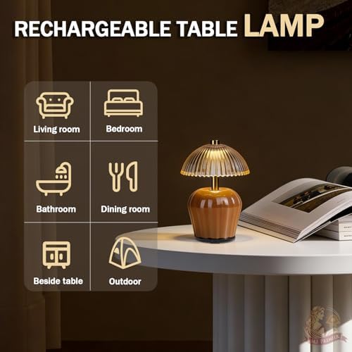 MJ PREMIER Rechargeable Table Lamp, Small Cordless Lamp with Timer, Brown
