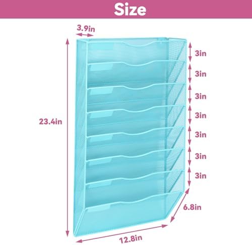 8 Pockets Mesh Wall File Holder Organizer Office Hanging File Folder Magazine Rack, Nametag Label Hooks Set Included (Blue)