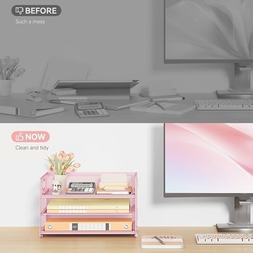 Subekyu 3 Tier Paper Letter Tray Organizer for Desk, Pink Metal Mesh File Folder Sorter Organizer with Handle and 1 PC Sliding Tray for Home Office School Desk Supplies Organization Storage