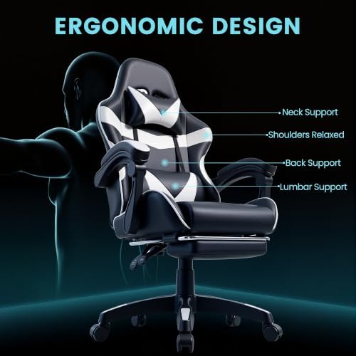 J.M.-Deco Gaming Chair Office Chair-Big and Tall Office Ergonomic Chair with Foot Rest - Comfy Desk Chair with Lumbar Support,Black and White