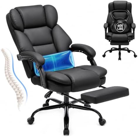 600LBS Executive Office Chair with FootRest for Heavy People High Back Ergonomic Gaming Chair with Lumbar Support Reclining Home Office Desk Chair with Pocket Spring Cushion Breathable Leather (BLACK)