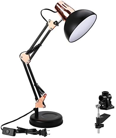 PowerKing Metal Swing Arm Desk Lamps with Base & Clamp, Black Rose Gold