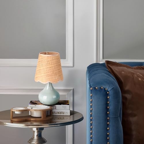Light Blue Boho Small Table Lamp for Small Spaces, Small Rattan Shade Bedside Lamp for Bedroom, Cute Nightstand Light for Bedside, Kitchen Counter, Bookshelf Lamp, Home Office, Living Room, Dorm
