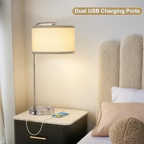 25" Tall Modern Bedside Lamp with USB C+A Ports, Fully Dimmable Table Lamp