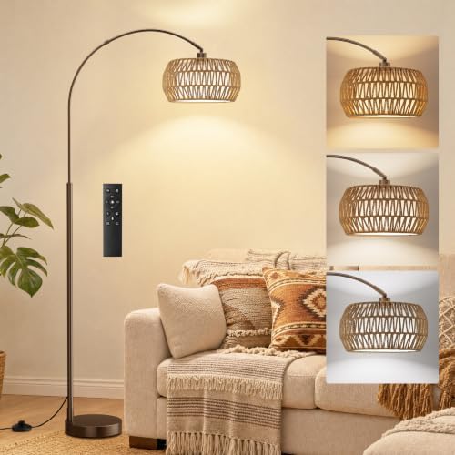 Ambimall Boho Arc Floor Lamp, Color Temp and Brightness Adjustable, Brown